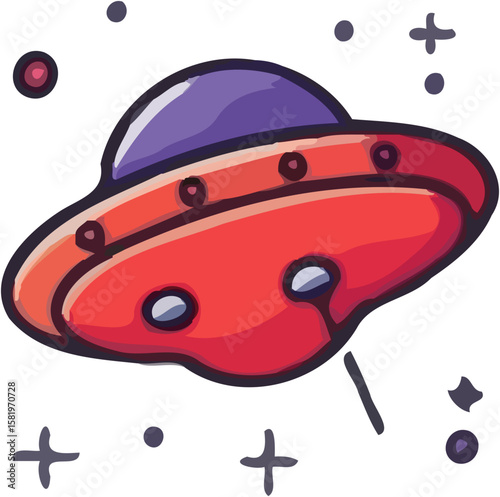 A cartoon illustration depicting a red flying saucer in outer space with stars.
