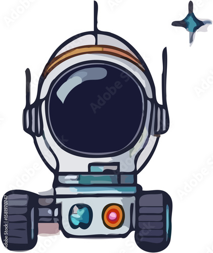 Cartoon illustration of a white astronaut helmet and rover with a dark visor and a star.