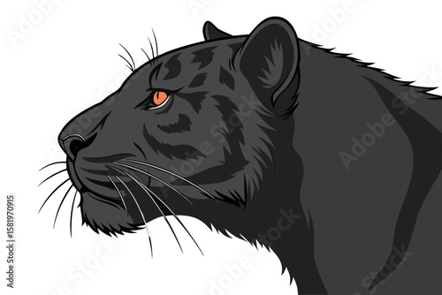 A black panther head with orange eyes on white background