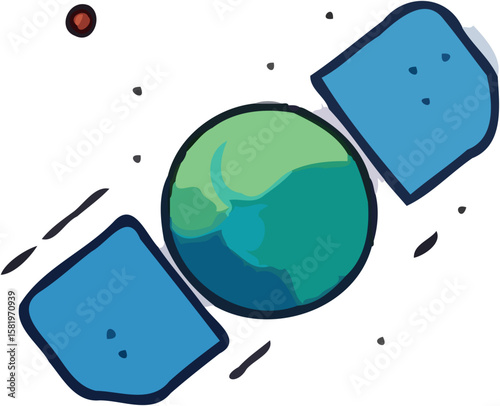 A stylized satellite orbits a cartoon Earth, showcasing space exploration and technology.
