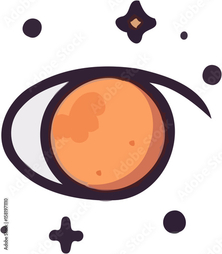 Stylized eye illustration with an orange iris resembling a planet, surrounded by stars.