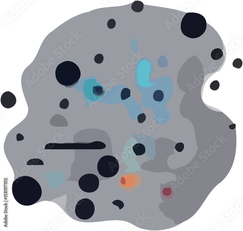 Abstract grey blob with scattered dark and light blue dots.