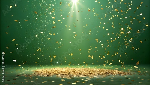 Golden confetti falls on a green background with a spotlight