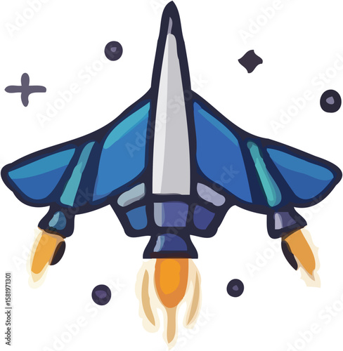 A stylized spaceship, blue and grey, launching into space with fiery thrusters.