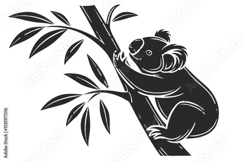 A koala climbing a tree with leaves