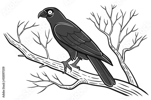A crow perched on a bare tree branch