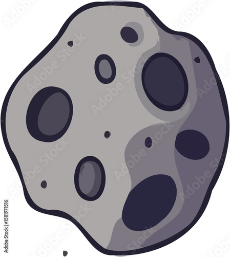 Cartoon depiction of a gray asteroid with dark craters and an irregular shape.