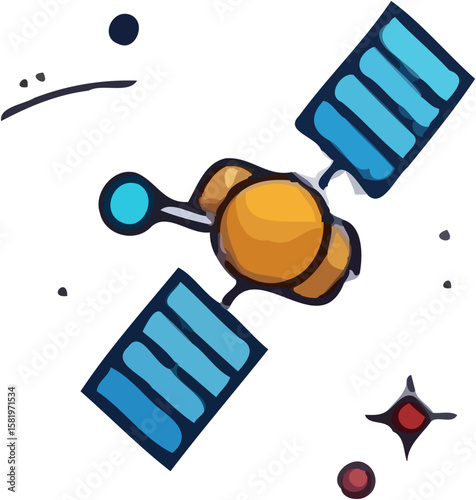 Cartoon illustration of a satellite in outer space, with solar panels.