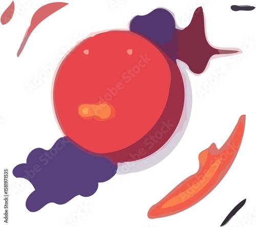 Abstract, colorful illustration of a stylized bird with a round body and abstract plumage on a white background.