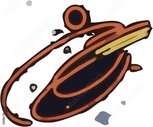 Abstract graphic design, stylized representation of a creature or object, with orange and brown lines and shapes.