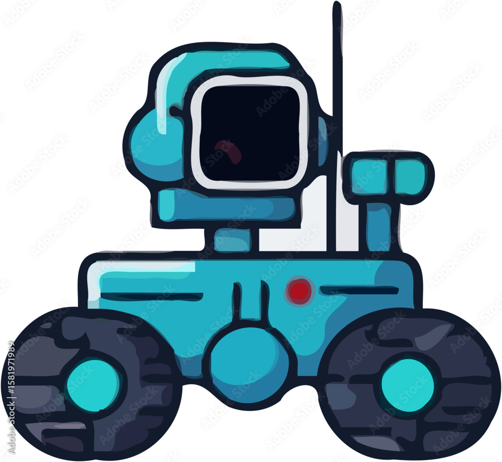 Cartoon illustration of a blue rover with large wheels and a screen-like head, antenna on top. Cartoon illustration of a blue rover with large wheels and a screen-like head, antenna on top.