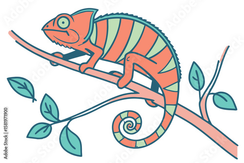 A colorful chameleon rests on a tree branch