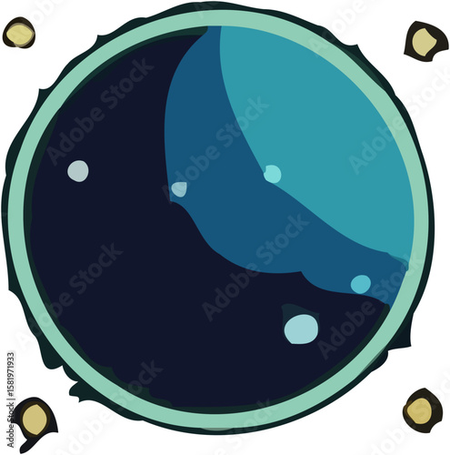 A stylized, circular graphic design, resembling a celestial body with shades of teal and dark blue, featuring subtle light speckles.