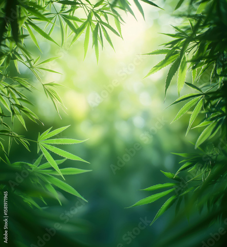 Lush Green Bamboo Leaves Framing Soft Light in Natural Environment.