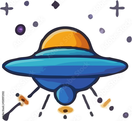 A cartoon UFO hovers in space, emitting beams of light, surrounded by stars and cosmic dust.