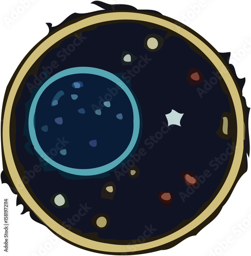 Stylized illustration of celestial bodies, planets, and stars within a circular frame.