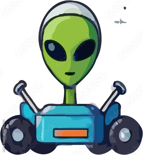 A green alien character is piloting a small, blue rover with wheels.