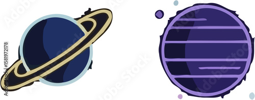 Two stylized planets, one with rings, showcasing cosmic design elements.