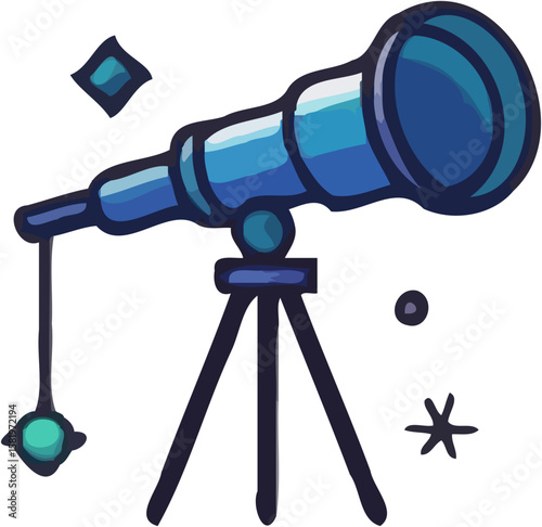 Cartoon illustration of a blue telescope on a tripod, with celestial elements.