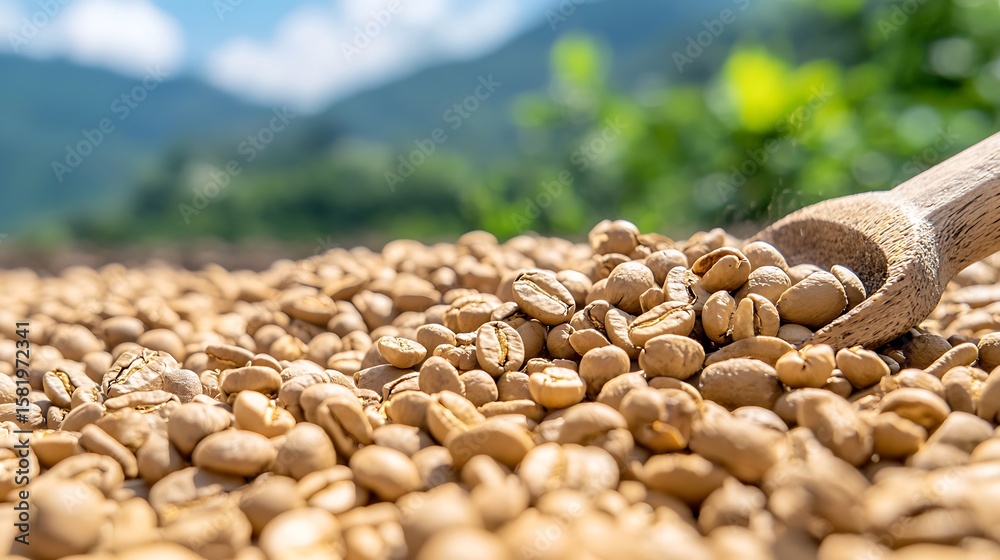 Obraz premium Raw Coffee Beans Drying Outdoors with Wooden Scoop