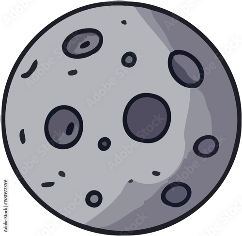Cartoon illustration of a gray moon with craters.