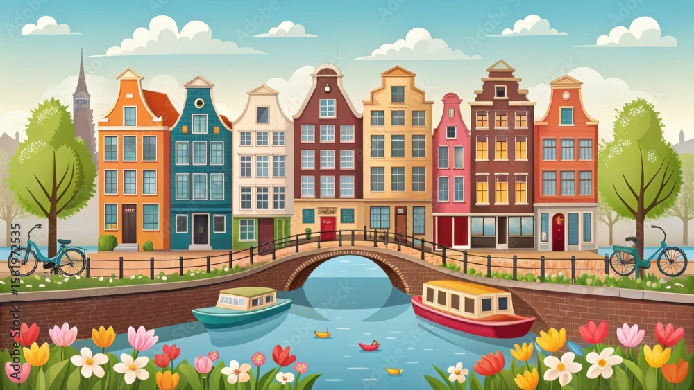 Fototapeta premium Charming amsterdam canal scene with colorful houses and tulips