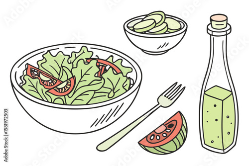 A fresh salad with tomatoes, cucumbers, and dressing