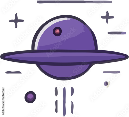 A purple UFO glides silently through space, leaving a faint trail behind.