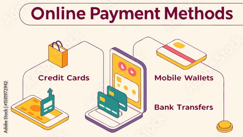 Illustration depicting various online payment methods including credit cards mobile wallets and bank transfers