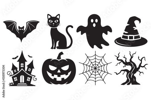 Halloween vector, Halloween vector element silhouette set, spooky black icon, Halloween svg vector art illustration, ghost house silhouette, Art & Illustration, Ghost Art & Illustration