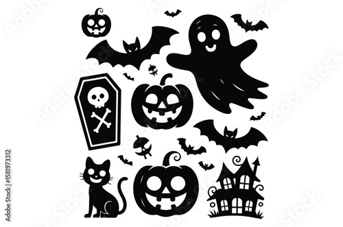 Halloween vector, Halloween vector element silhouette set, spooky black icon, Halloween svg vector art illustration, ghost house silhouette, Art & Illustration, Ghost Art & Illustration