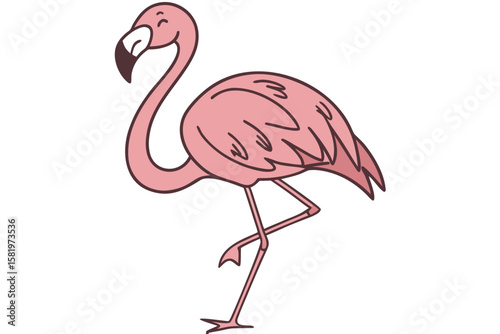 A cute pink flamingo standing on one leg isolated on white background
