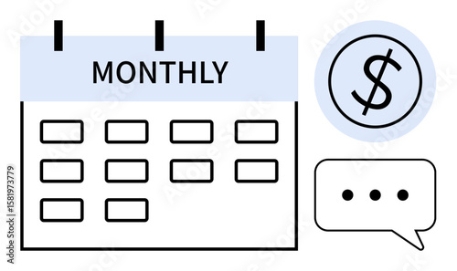 Calendar with monthly layout, dollar sign in a circle, and speech bubble with dots. Ideal for scheduling, budgeting, financial planning, communication, reminders organization timelines. Simple flat