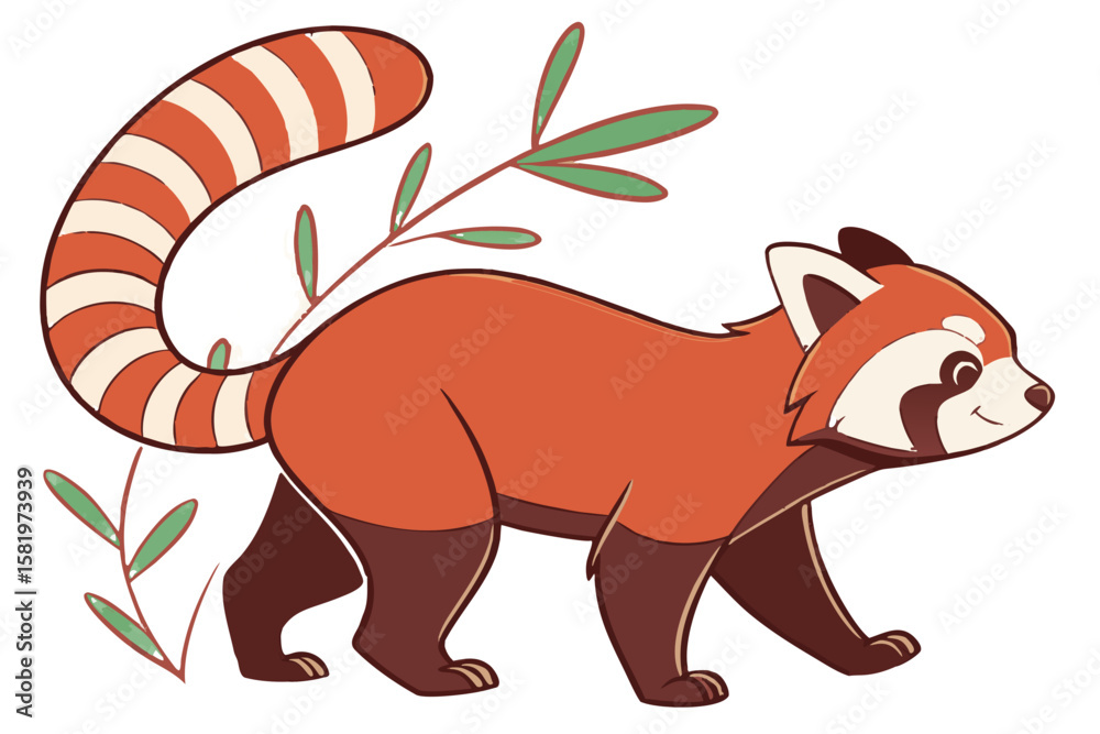Fototapeta premium A cute red panda walks through green bamboo leaves