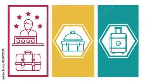 Five-Star Hotel Check-in:  Receptionist, Luggage, and Room Service Icons; Minimalist Line Art Style; Clean, Modern, and Professional Design for Travel and Hospitality Branding.