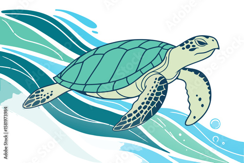 A sea turtle glides through stylized ocean waves