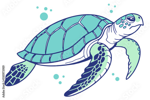 A stylized sea turtle swims gracefully through the ocean