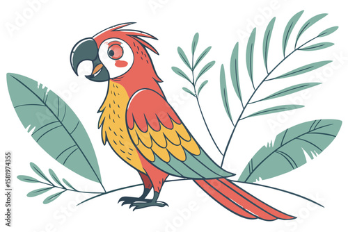 A vibrant parrot bird among tropical leaves