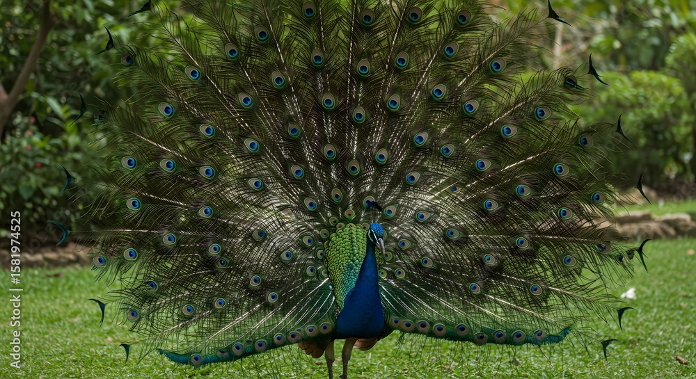 Obraz premium Peacock with vibrant plumage displaying its magnificent tail feathers in a lush green garden setting.