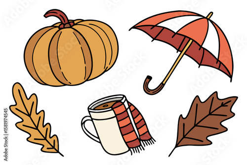 Autumn elements pumpkin, umbrella, mug with scarf, leaves