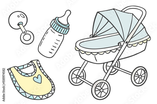 Baby items stroller, bottle, pacifier, bib isolated on white