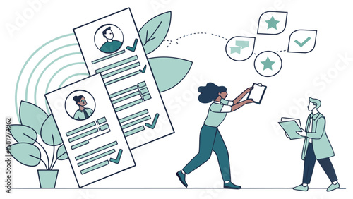 Modern minimalist illustration: Diverse team collaborates on candidate selection, reviewing resumes and performance evaluations, achieving efficient and effective hiring process.
