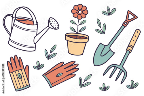 Gardening tools and a potted flower in a doodle style