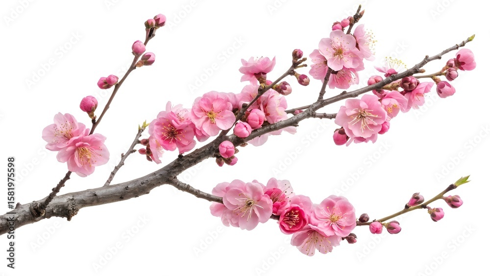 Obraz premium A delicate branch of pink plum blossoms, isolated on white background