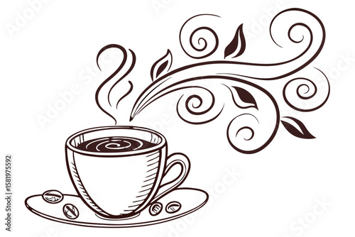 A steaming cup of coffee with decorative swirls