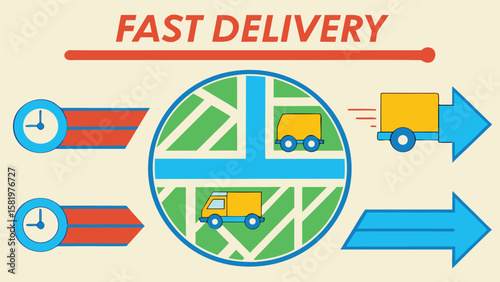 Fast Delivery Service:  Modern Flat Design Illustration Showing Timely Package Transportation Across City Map with Delivery Trucks and Clock Icons Representing Speed and Efficiency.