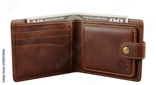 Open brown leather wallet with money