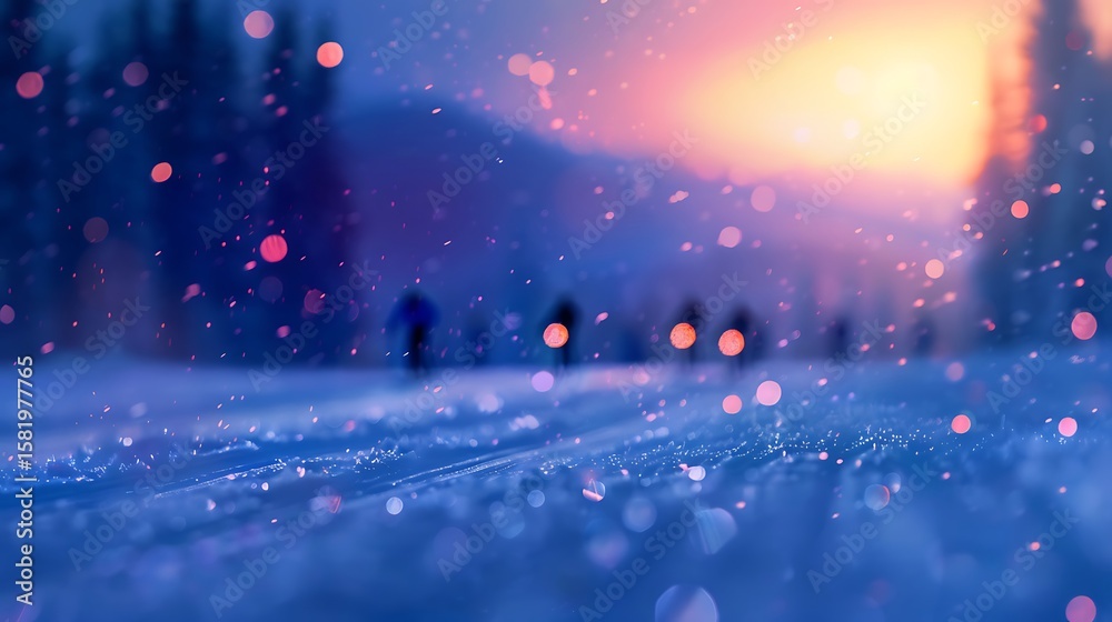 Obraz premium Magical Winter Sunset Skiing with Bokeh Lights