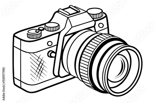 A detailed sketch of a modern dslr camera with a large lens