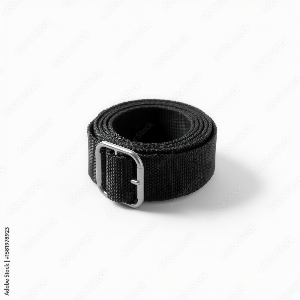 Black webbed belt with a metal buckle, coiled neatly on a white background, casting soft shadow. Black webbed belt with a metal buckle, coiled neatly on a white background, casting soft shadow.